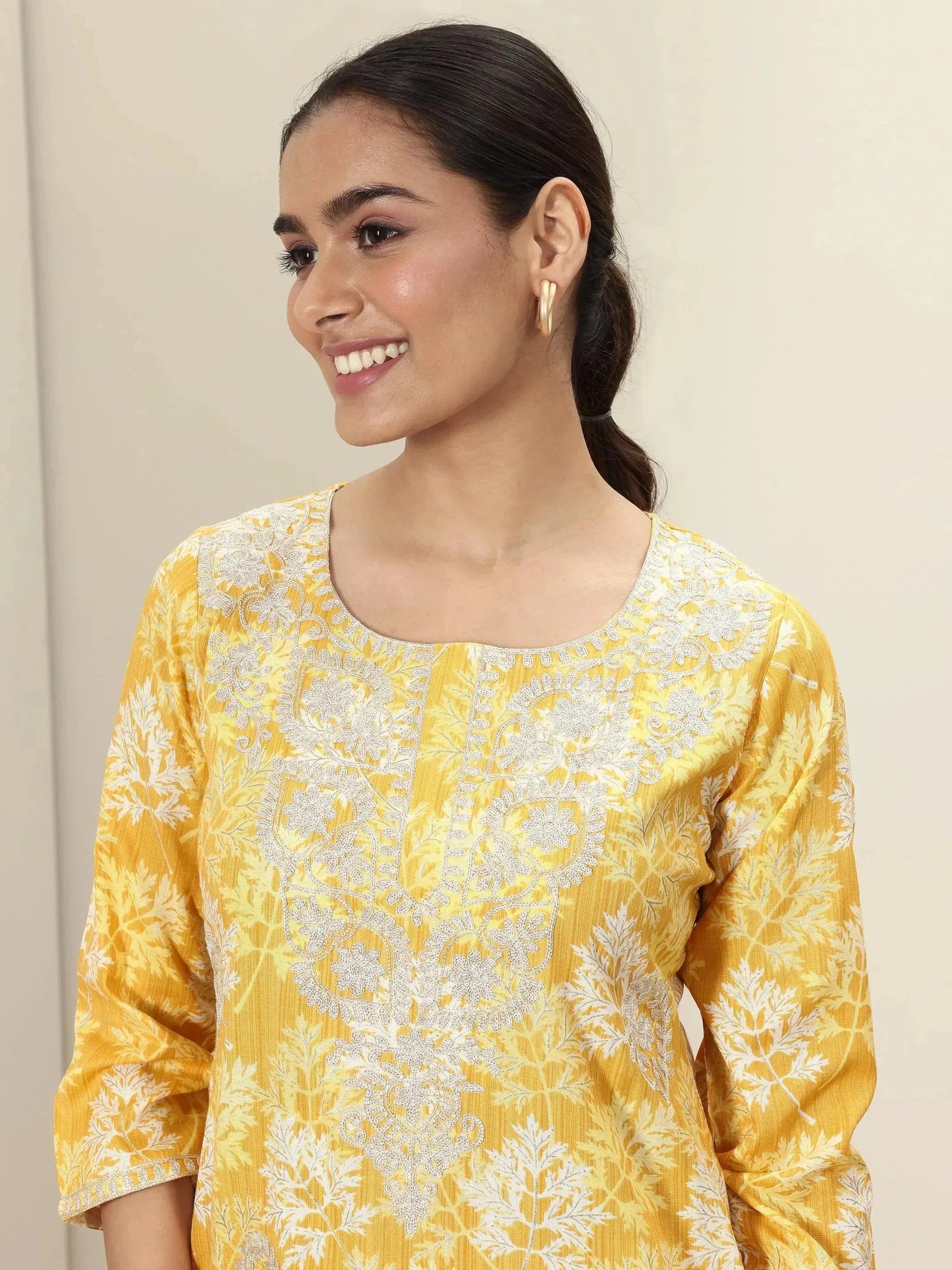 Yellow Printed Cotton Straight Kurta