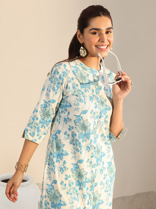 Off White Printed Cotton Straight Kurta