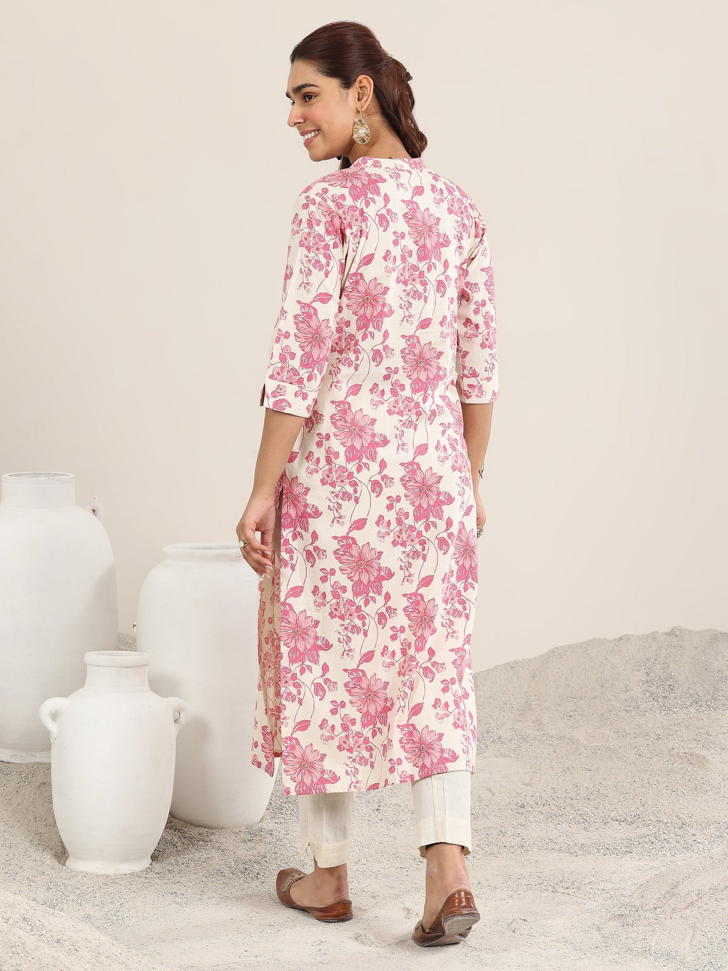 Pink Printed Cotton Straight Kurta