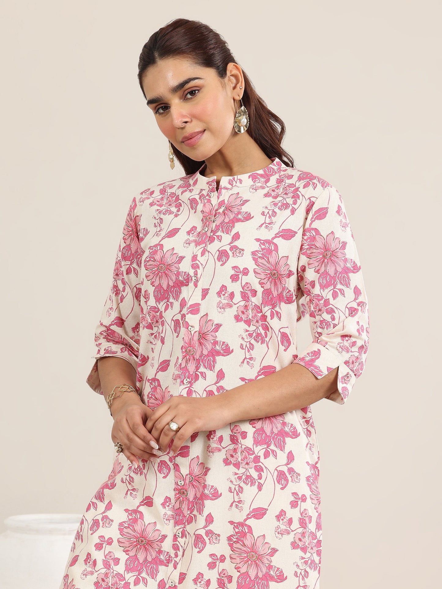 Pink Printed Cotton Straight Kurta