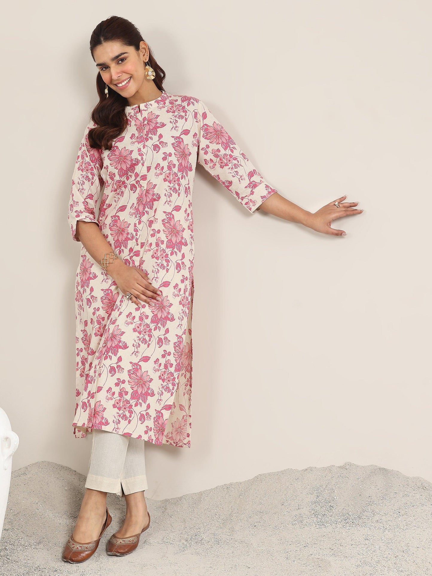 Pink Printed Cotton Straight Kurta