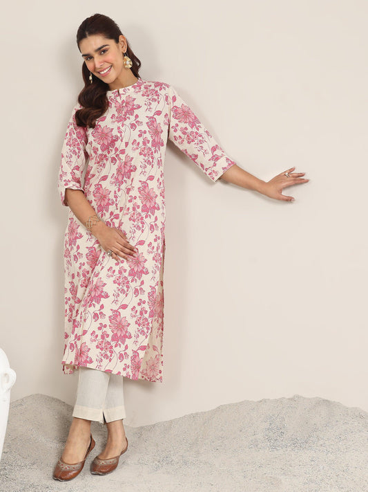 Pink Printed Cotton Straight Kurta