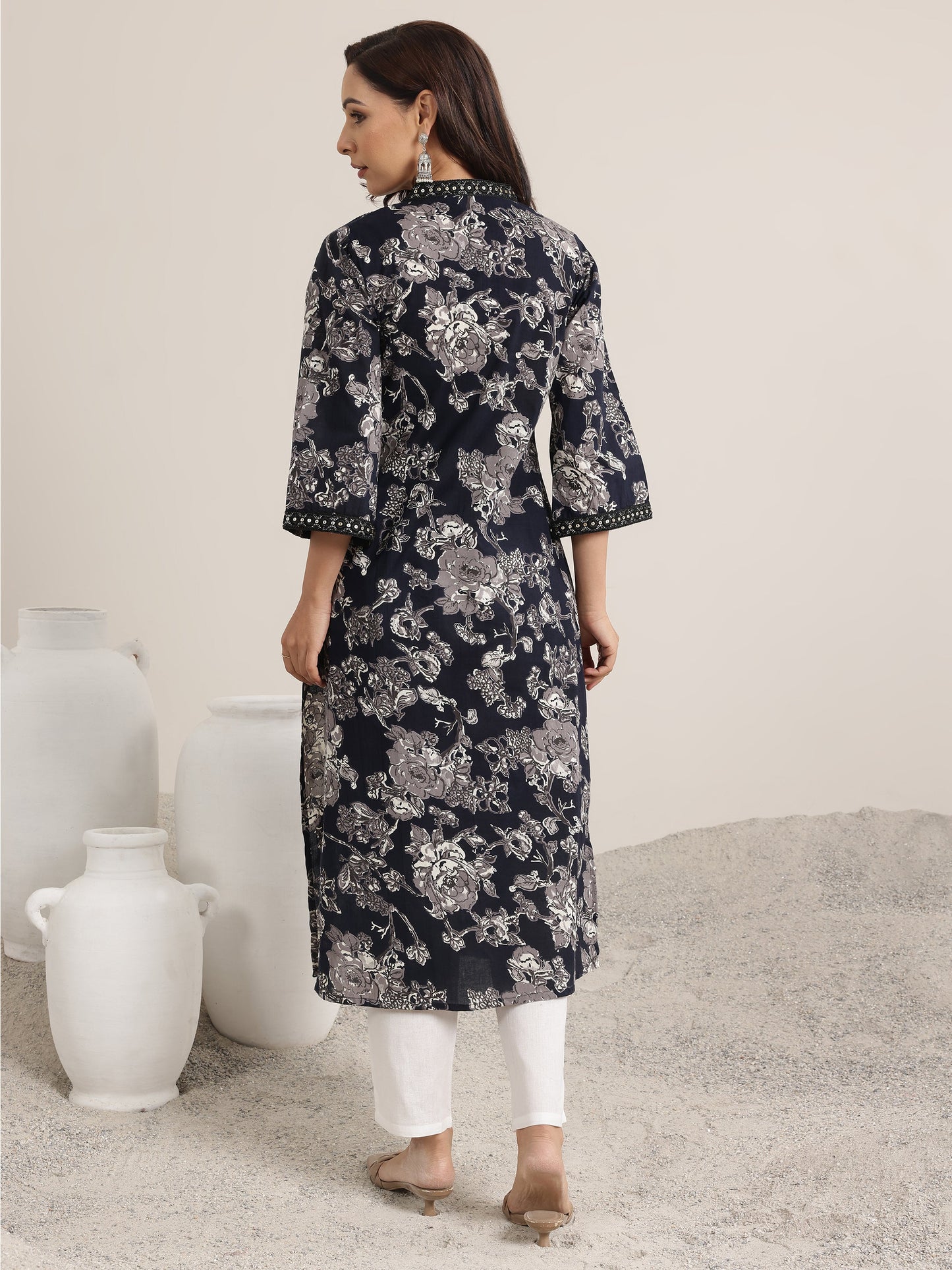 Black Printed Cotton Straight Kurta