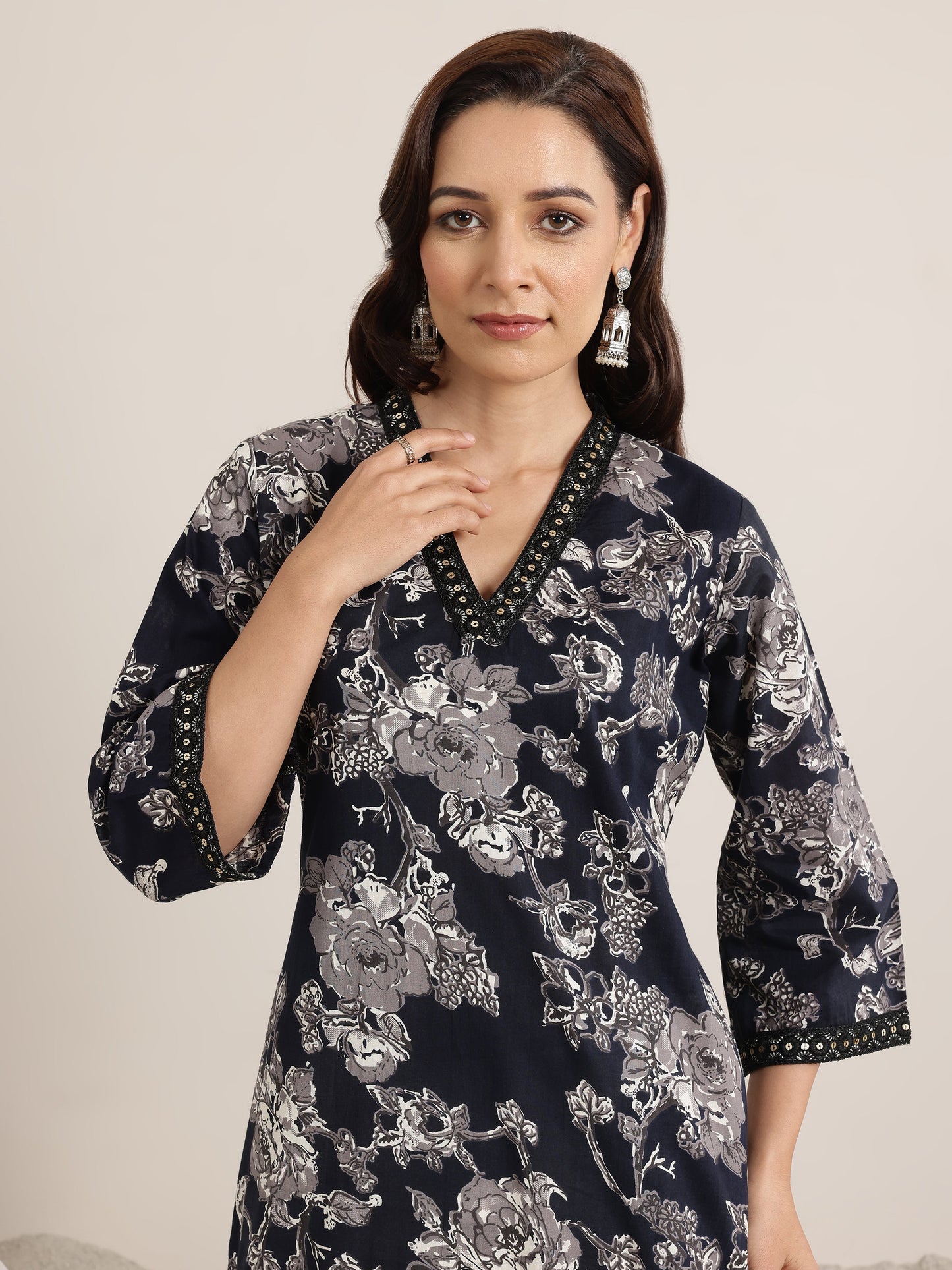 Black Printed Cotton Straight Kurta