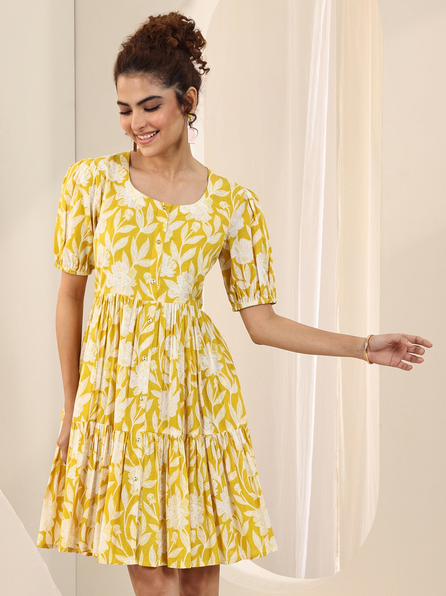 Yellow Printed Cotton Fit and Flare One Piece Dress
