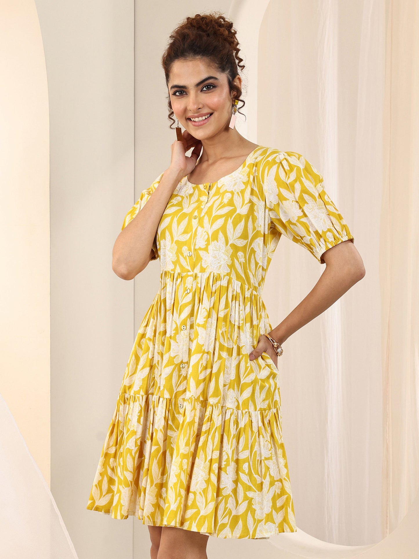 Yellow Printed Cotton Fit and Flare One Piece Dress