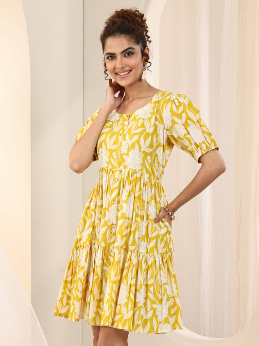Yellow Printed Cotton Fit and Flare One Piece Dress