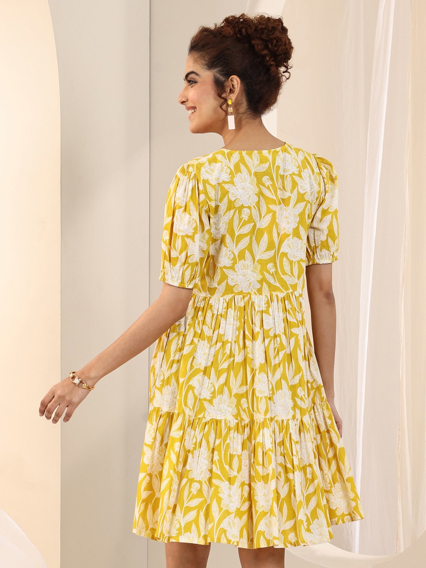 Yellow Printed Cotton Fit and Flare One Piece Dress