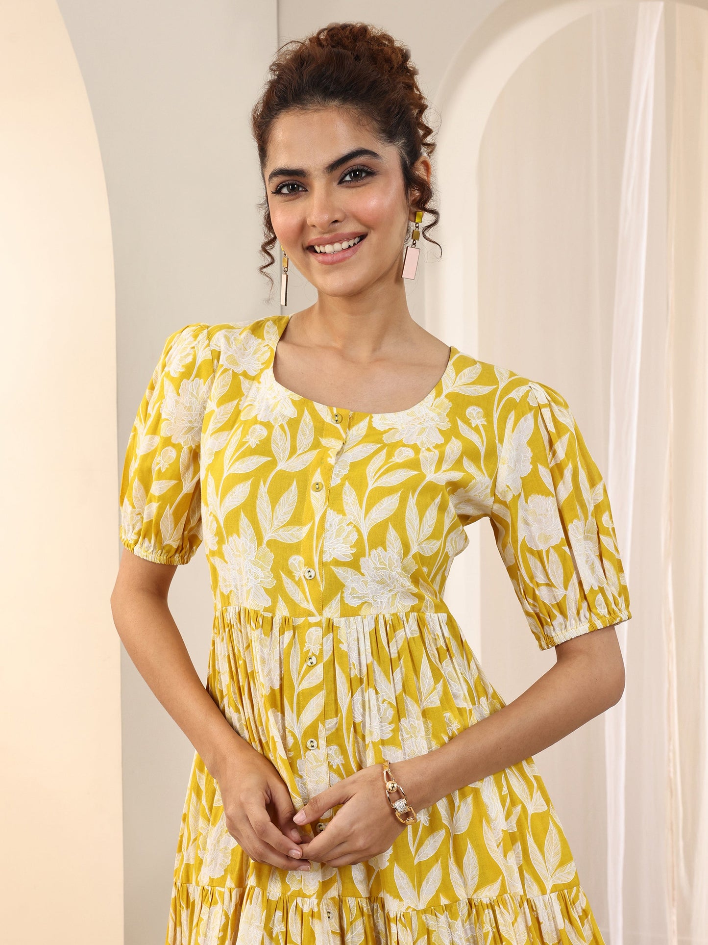 Yellow Printed Cotton Fit and Flare One Piece Dress