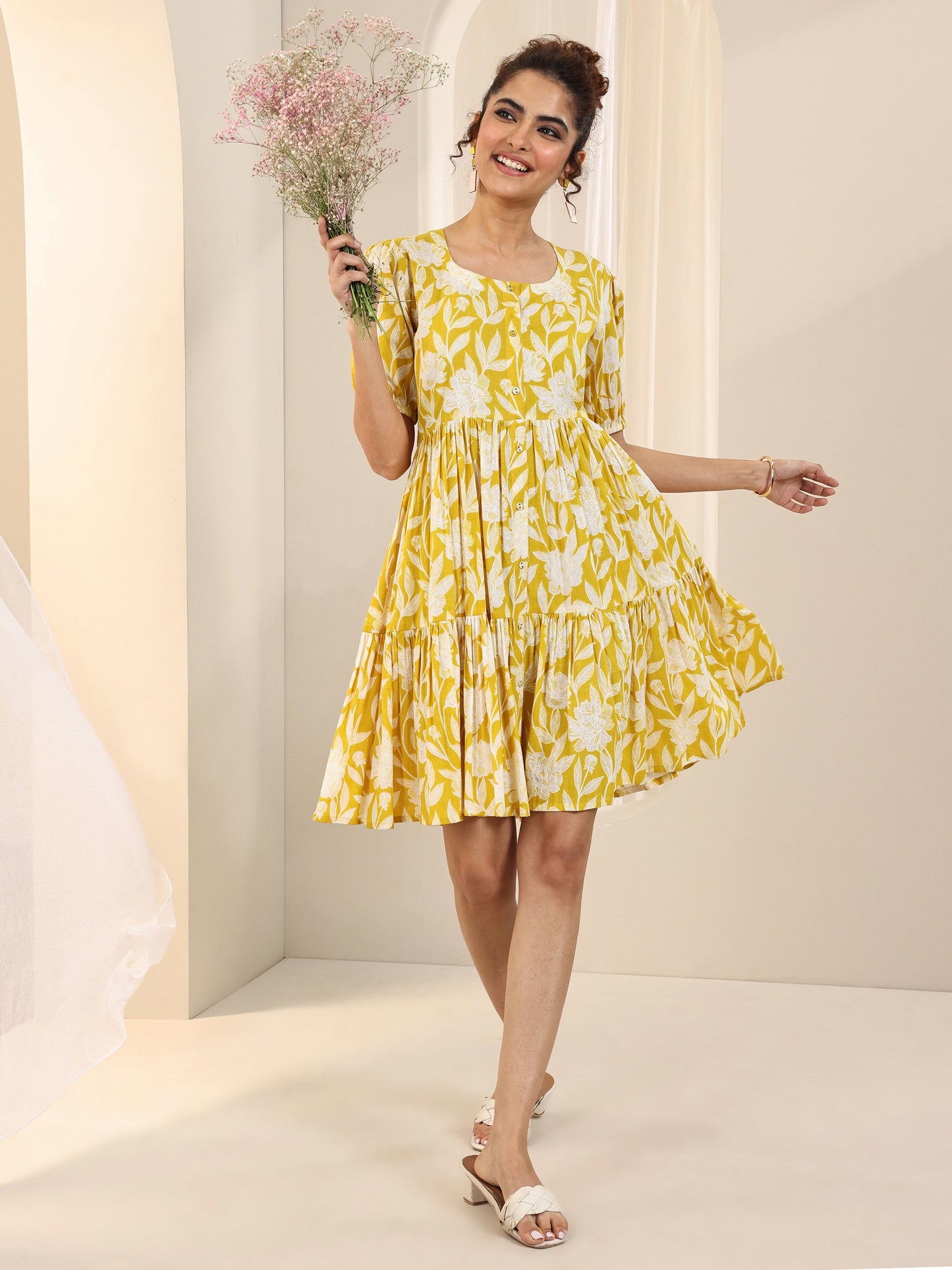 Yellow Printed Cotton Fit and Flare One Piece Dress