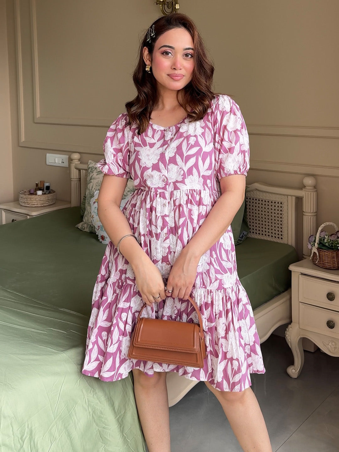 Purple Printed Cotton Fit and Flare One Piece Dress