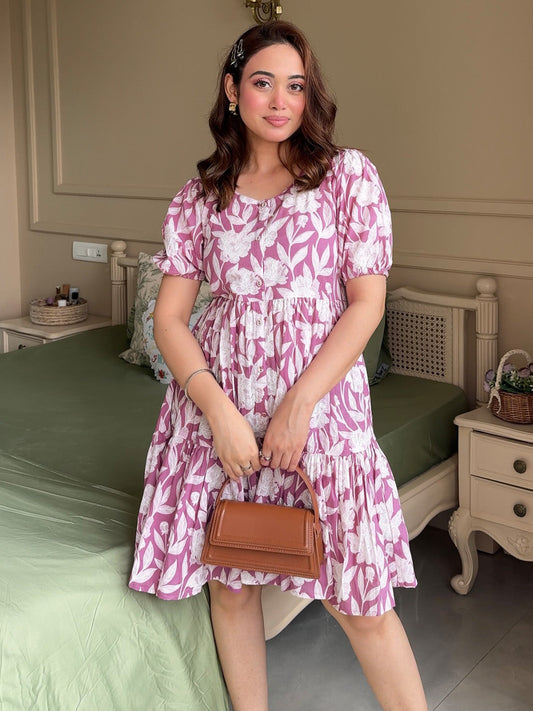 Purple Printed Cotton Fit and Flare One Piece Dress