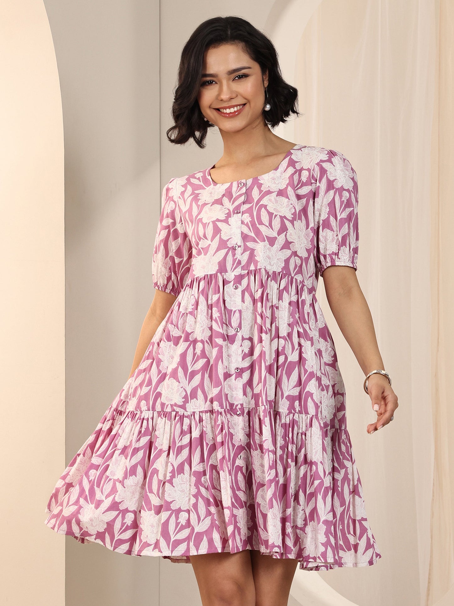 Purple Printed Cotton Fit and Flare One Piece Dress