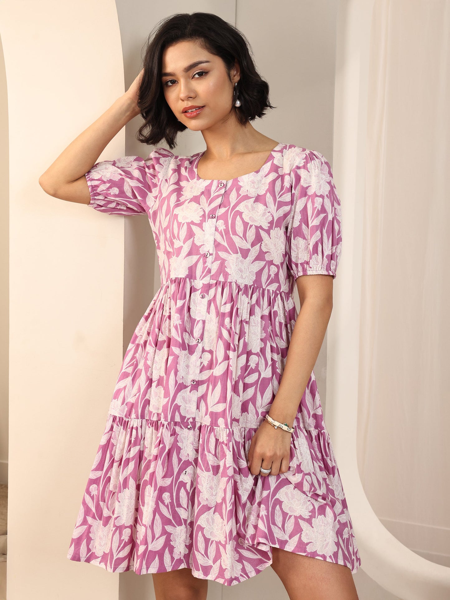 Purple Printed Cotton Fit and Flare One Piece Dress