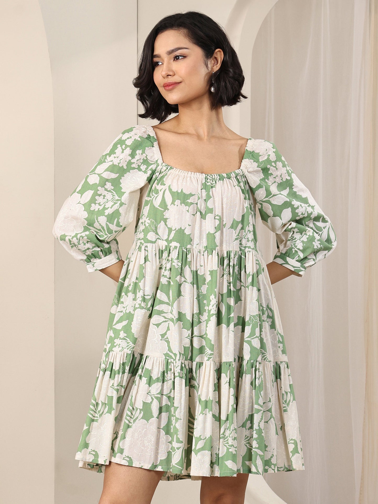 Green Printed Cotton A-Line One Piece Dress