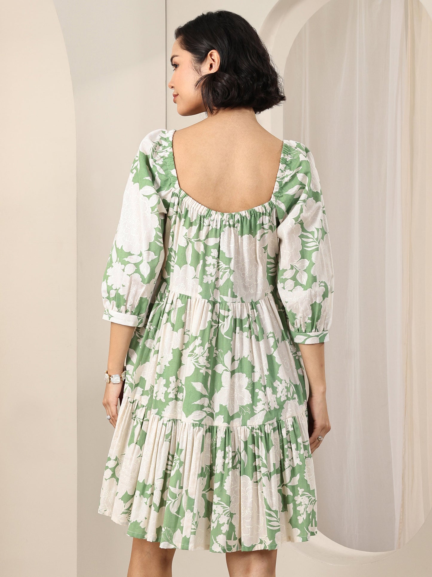 Green Printed Cotton A-Line One Piece Dress