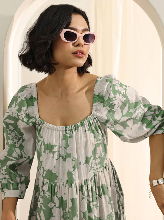 Green Printed Cotton A-Line One Piece Dress
