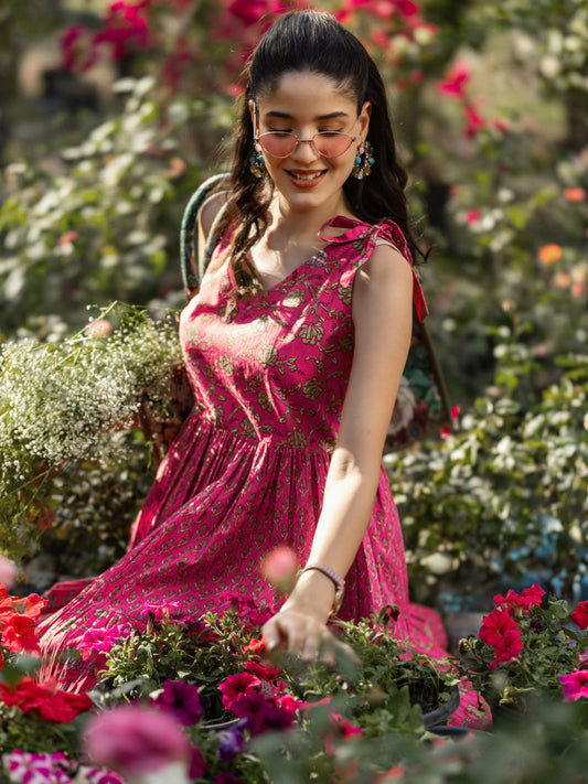 Pink Printed Cotton Fit and Flare Dress