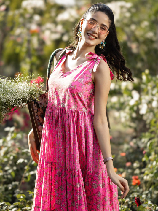 Pink Printed Cotton Fit and Flare Dress