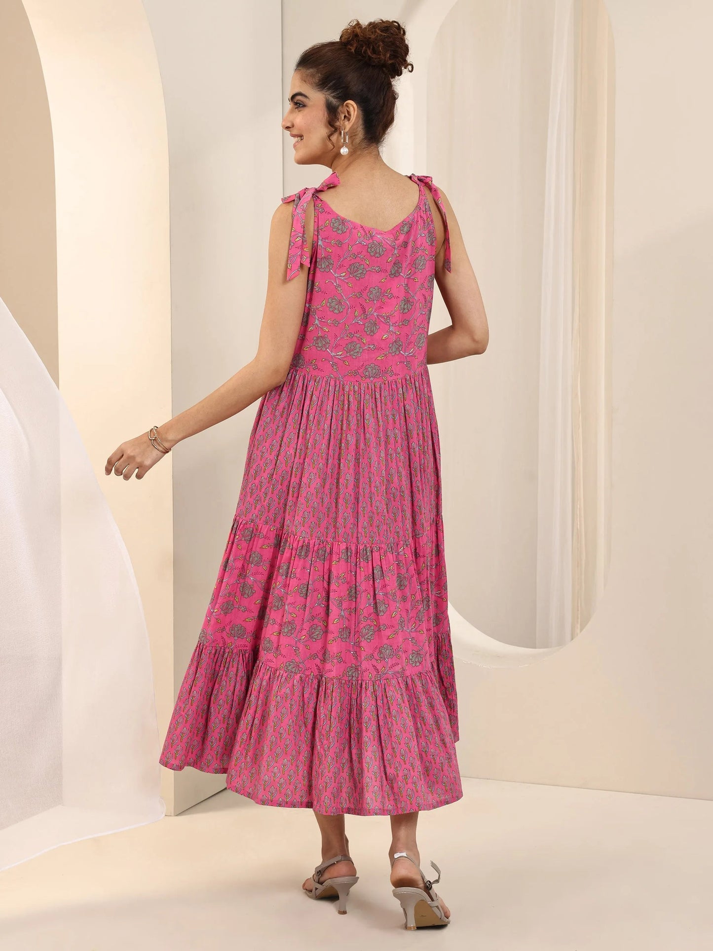 Pink Printed Cotton Fit and Flare Dress