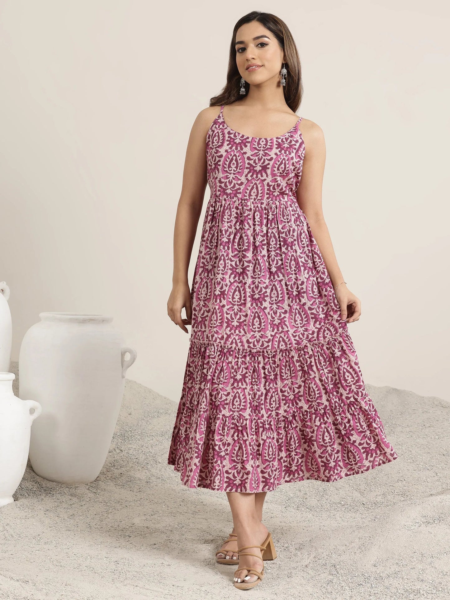 Mauve Printed Cotton Fit and Flare One Piece Dress