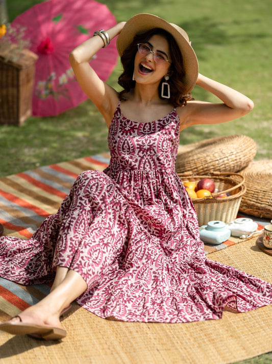 Mauve Printed Cotton Fit and Flare One Piece Dress