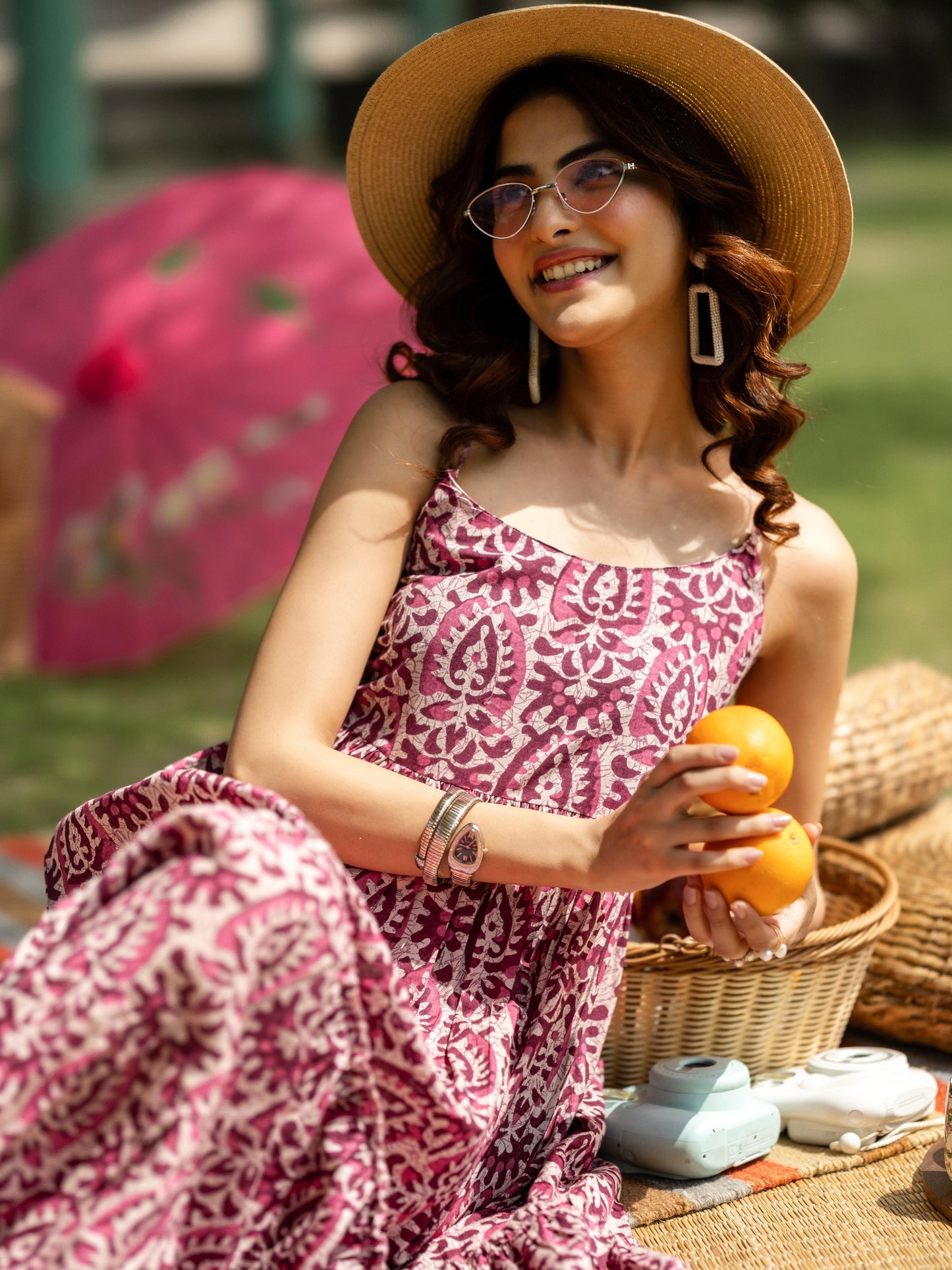 Mauve Printed Cotton Fit and Flare One Piece Dress