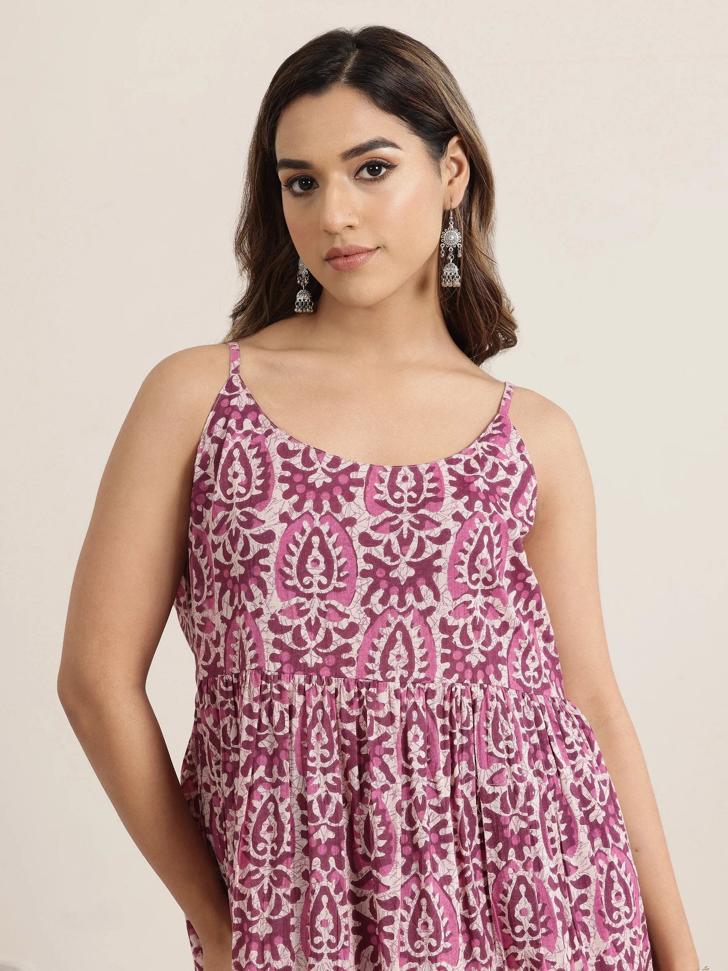 Mauve Printed Cotton Fit and Flare One Piece Dress