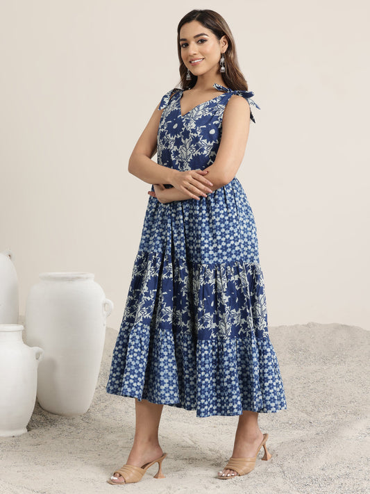 Indigo Printed Cotton Fit and Flare One Piece Dress