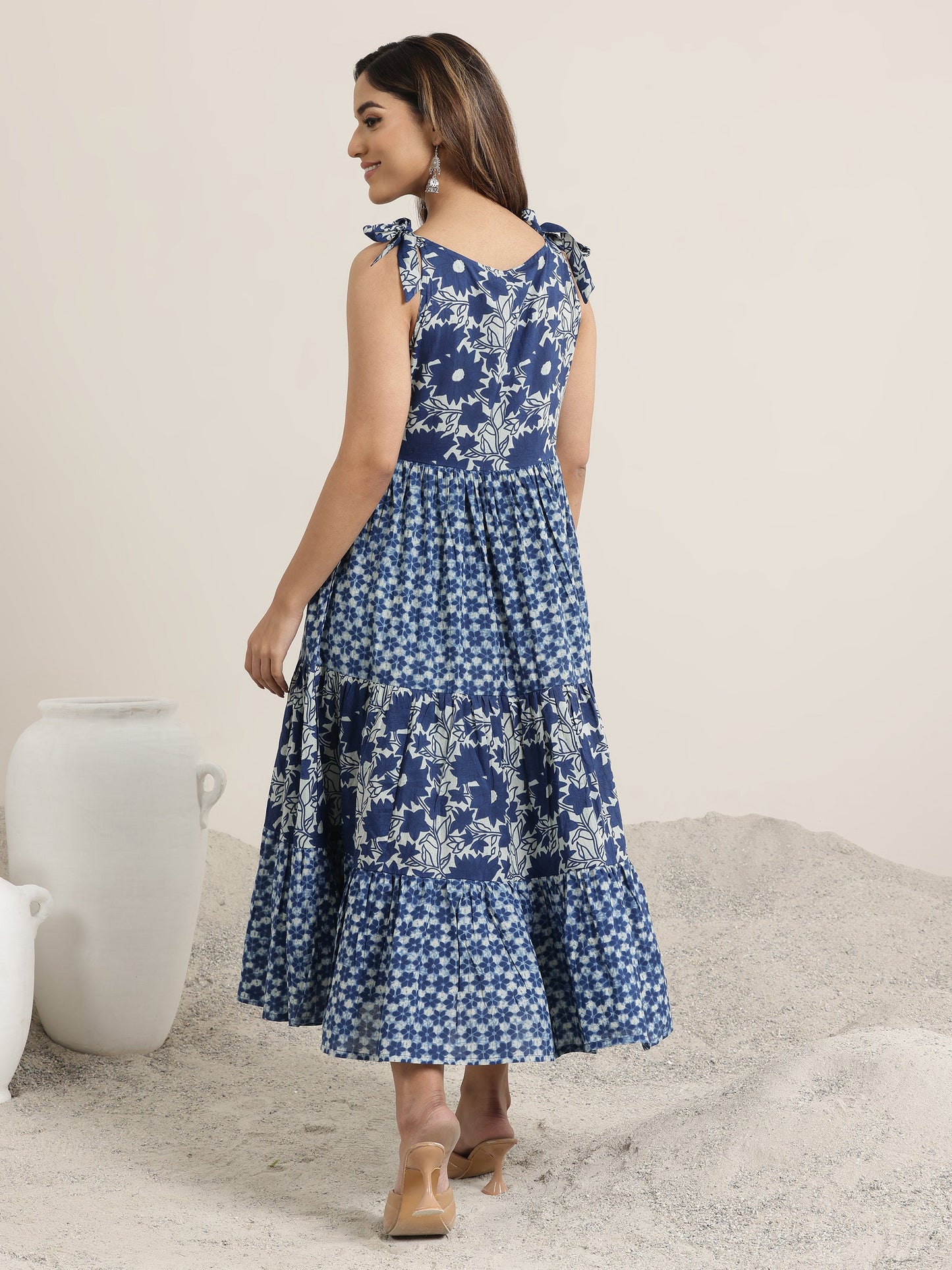 Indigo Printed Cotton Fit and Flare One Piece Dress