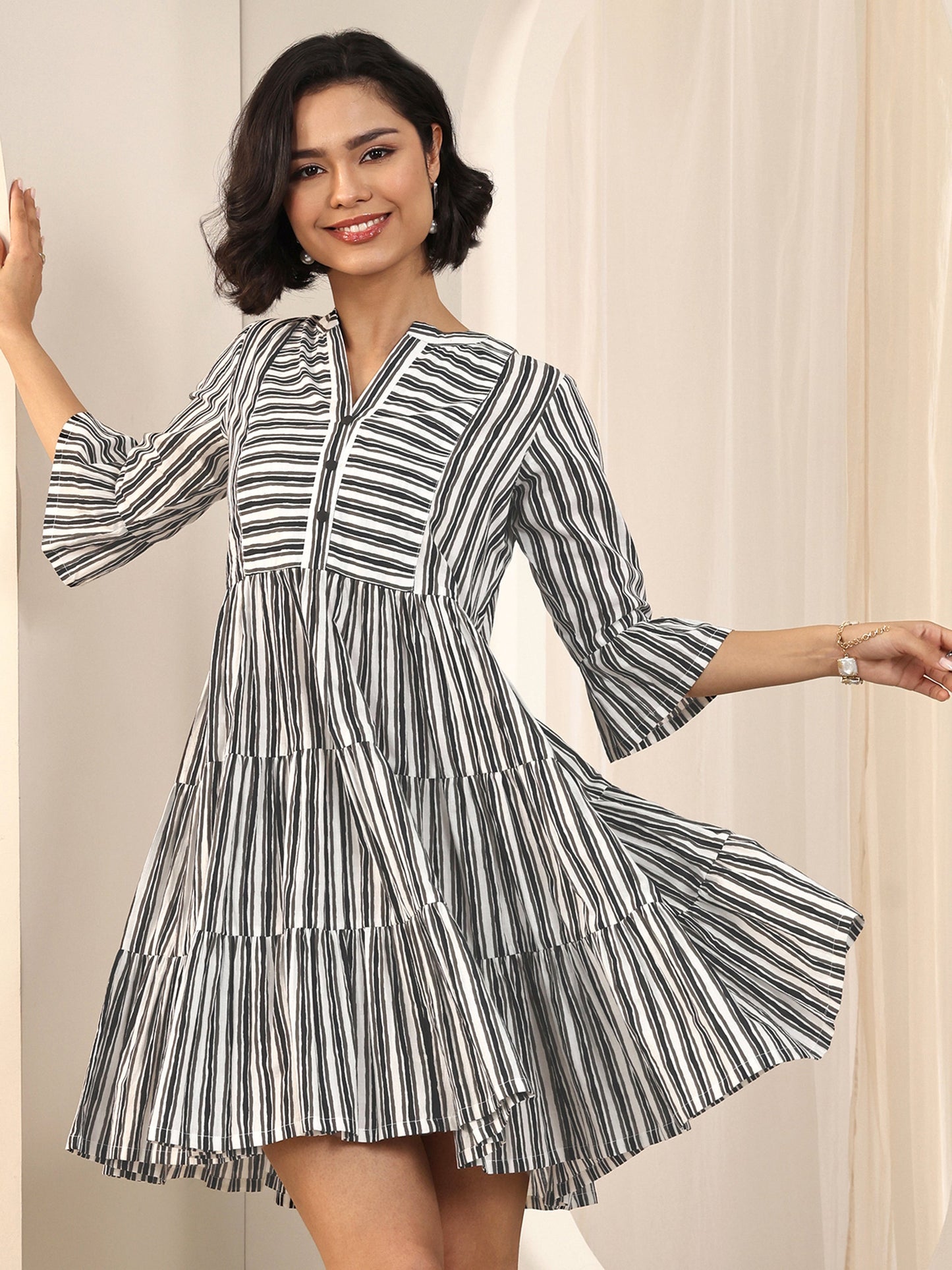 Black Printed Cotton Fit and Flare One Piece Dress