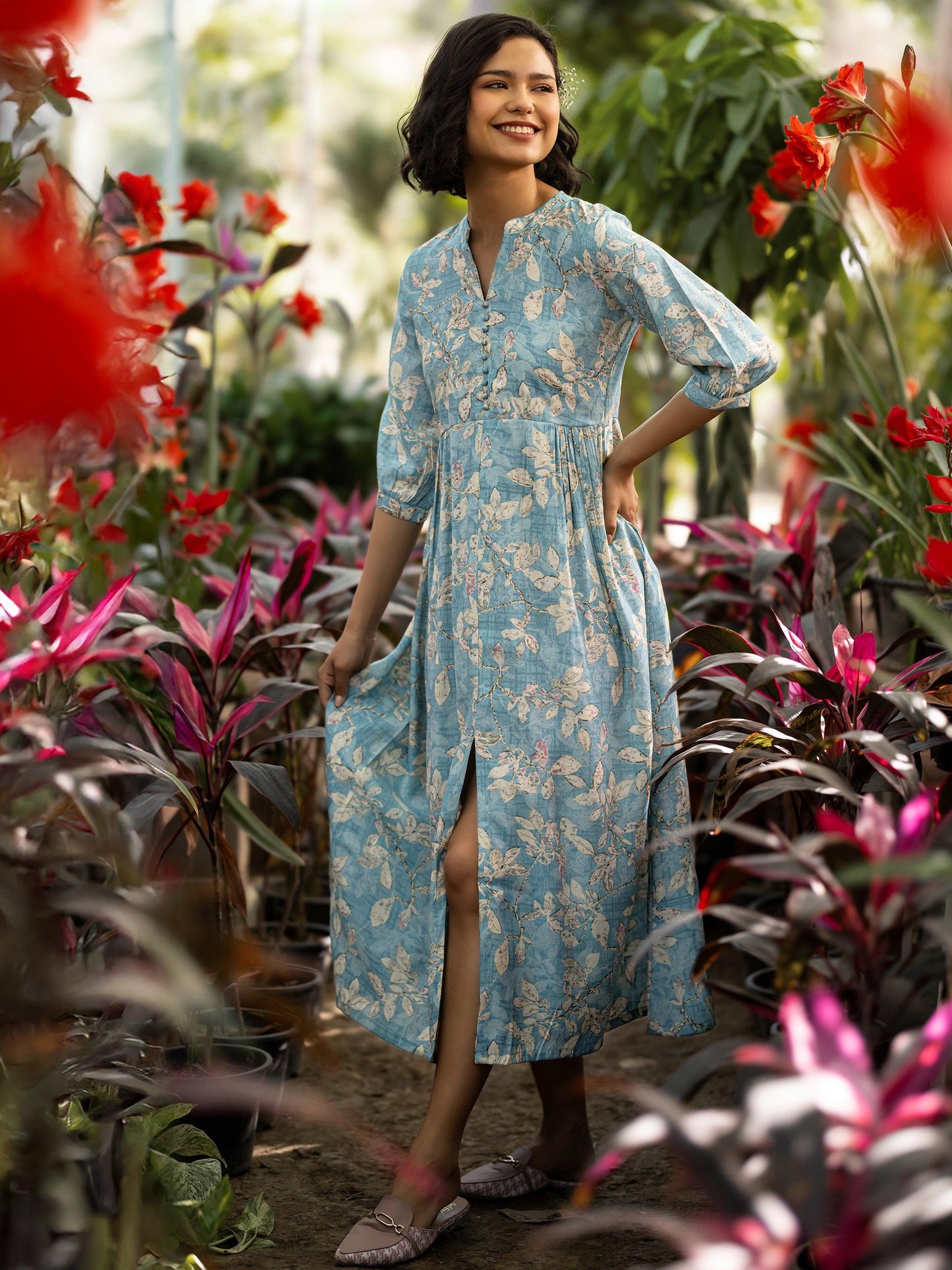 Blue Printed Silk Blend A-Line One Piece Dress