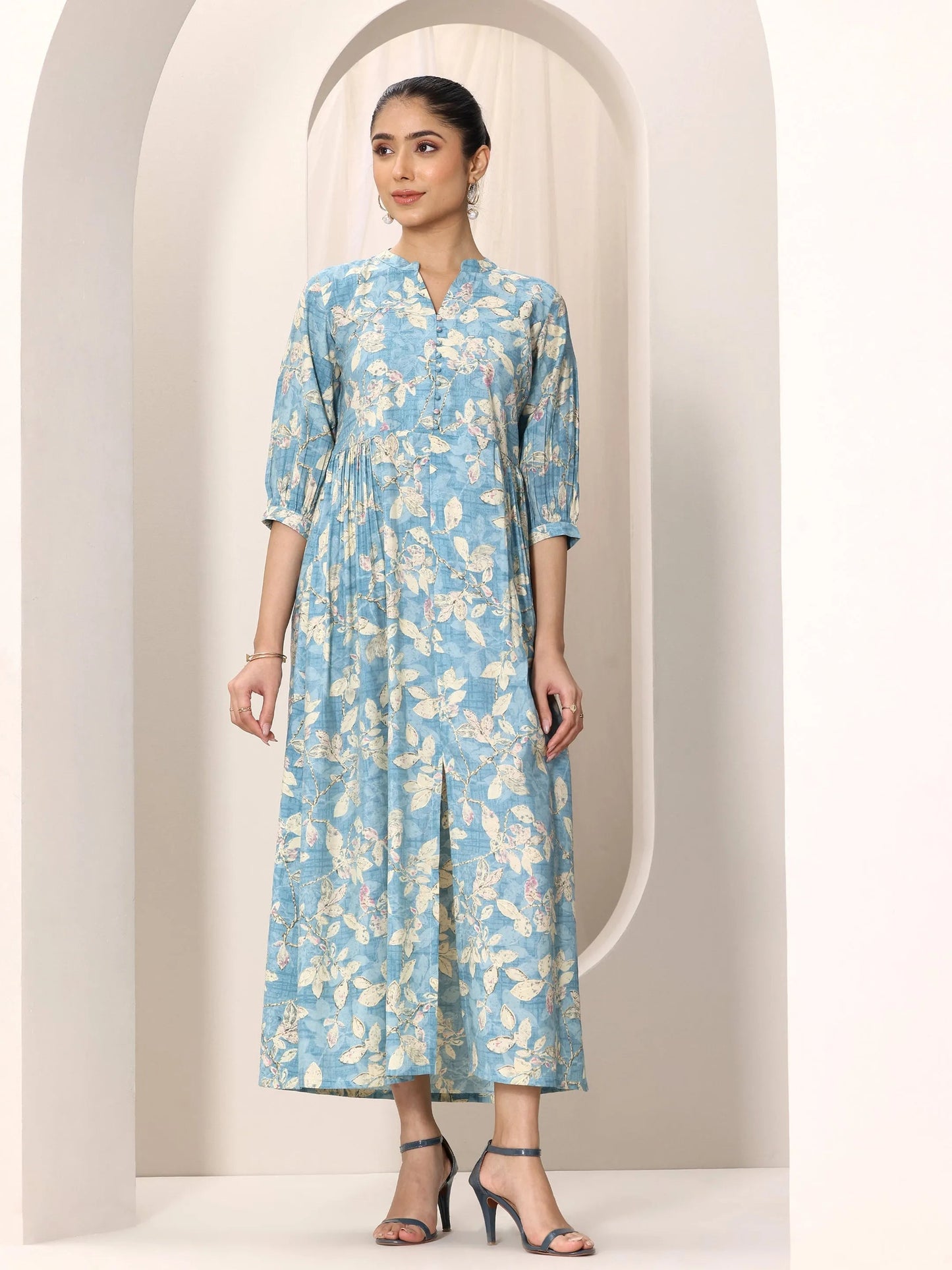 Blue Printed Silk Blend A-Line One Piece Dress