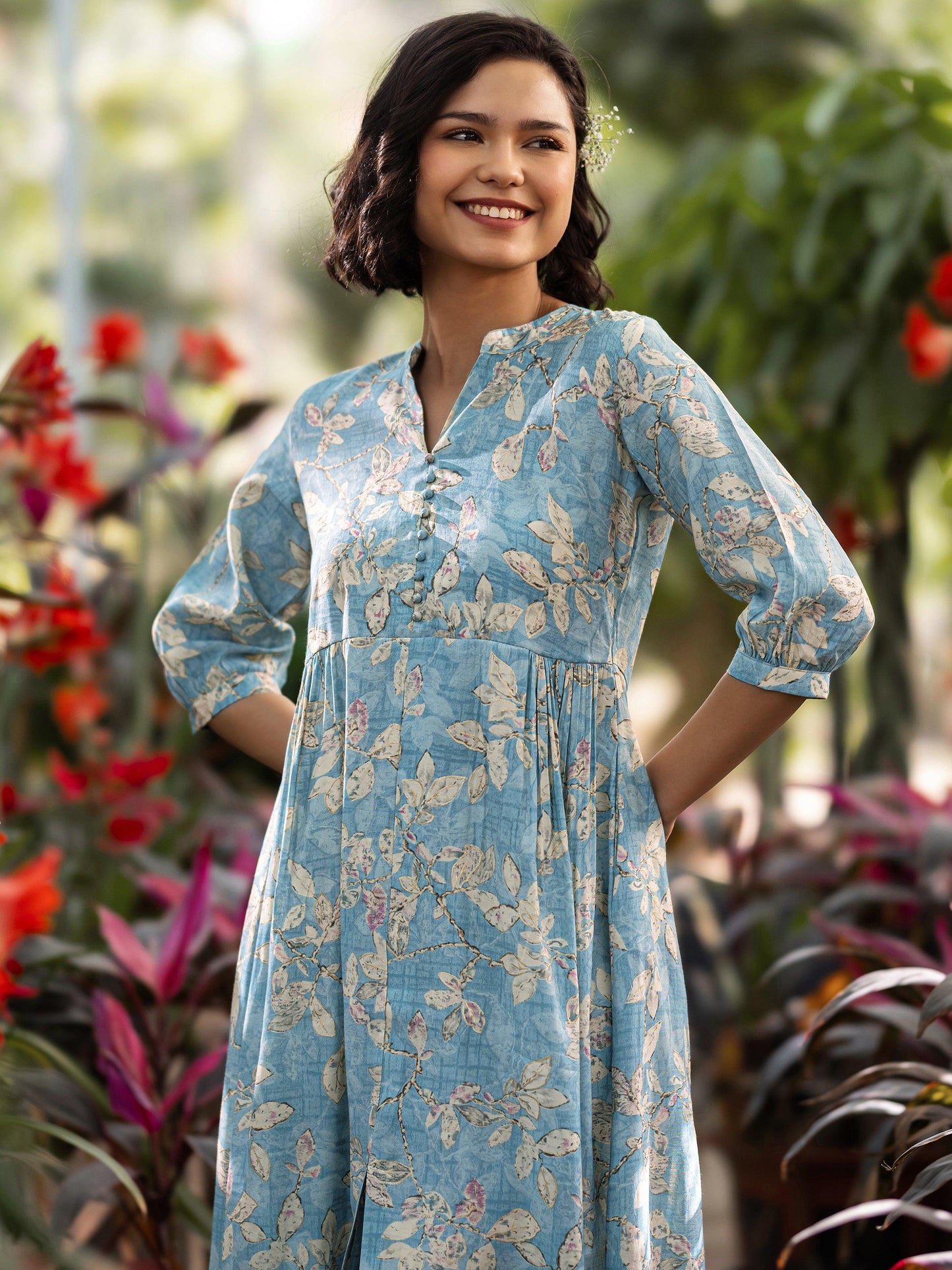 Blue Printed Silk Blend A-Line One Piece Dress