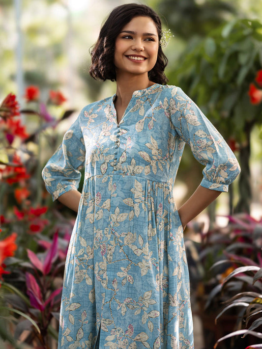 Blue Printed Silk Blend A-Line One Piece Dress