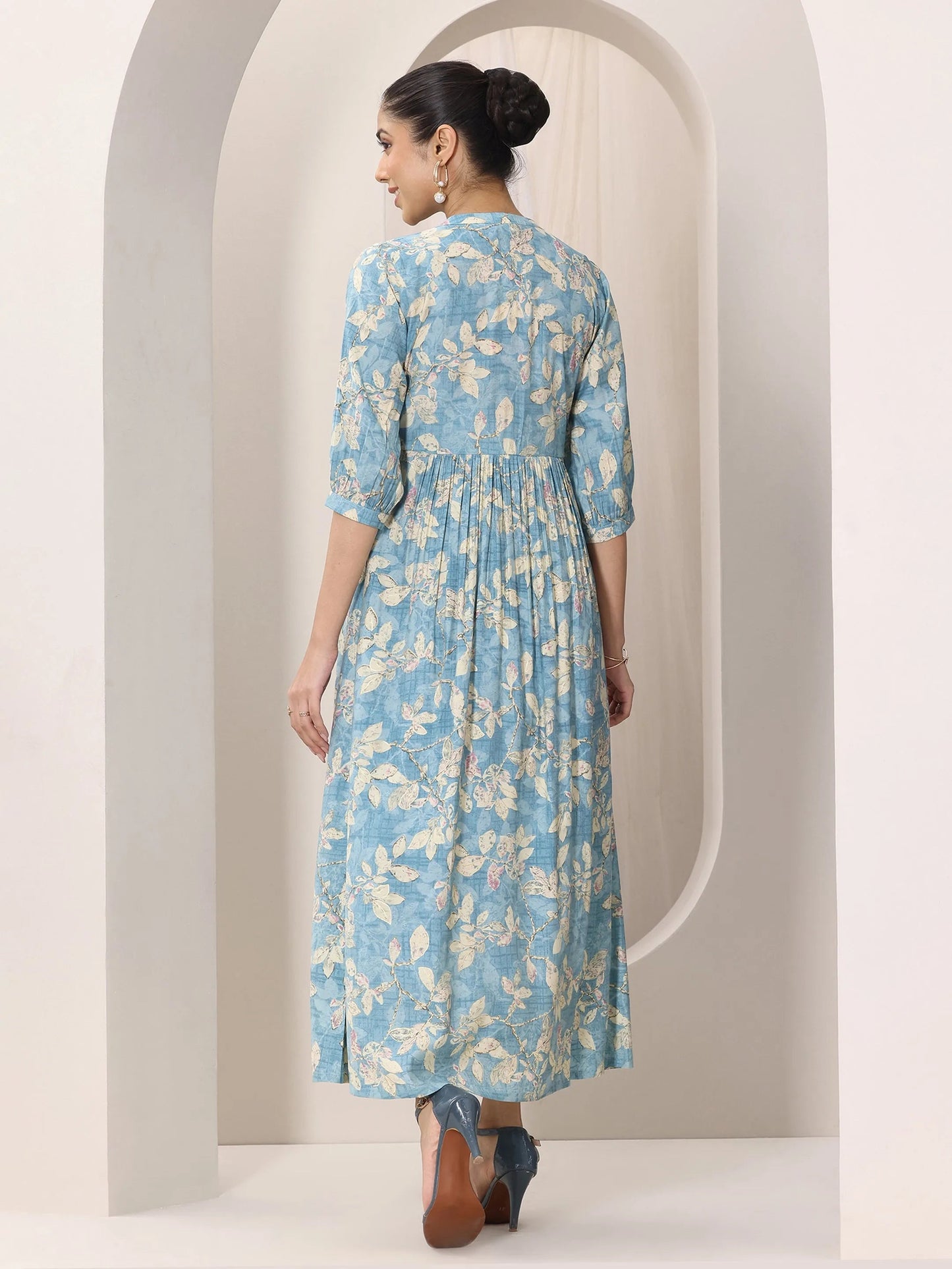 Blue Printed Silk Blend A-Line One Piece Dress