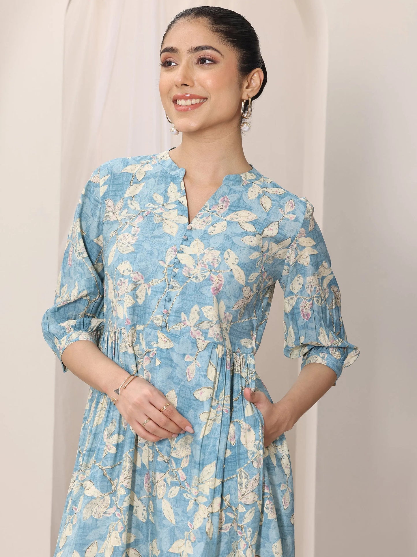 Blue Printed Silk Blend A-Line One Piece Dress