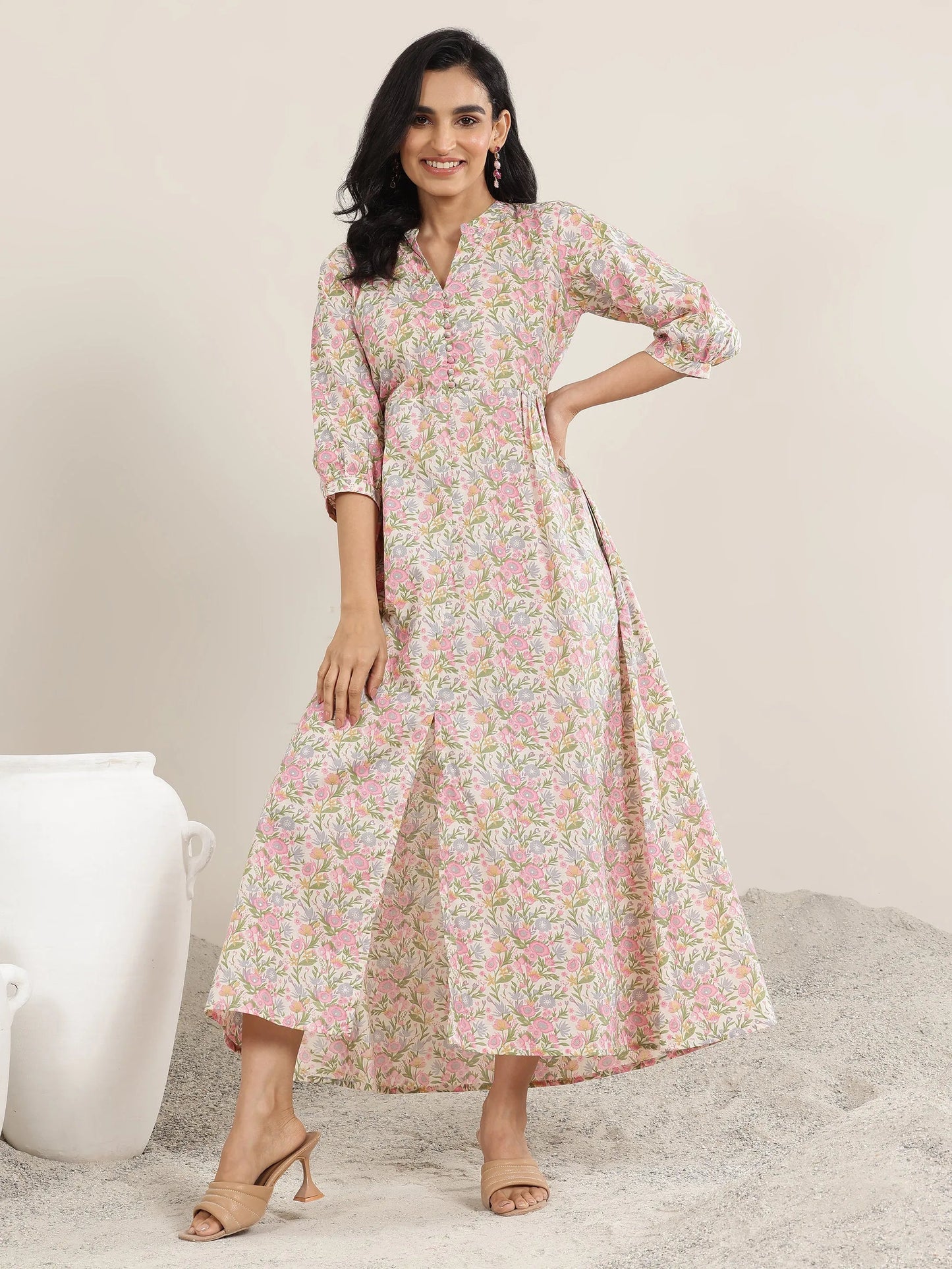 Pink Printed Cotton Blend A-Line Dress