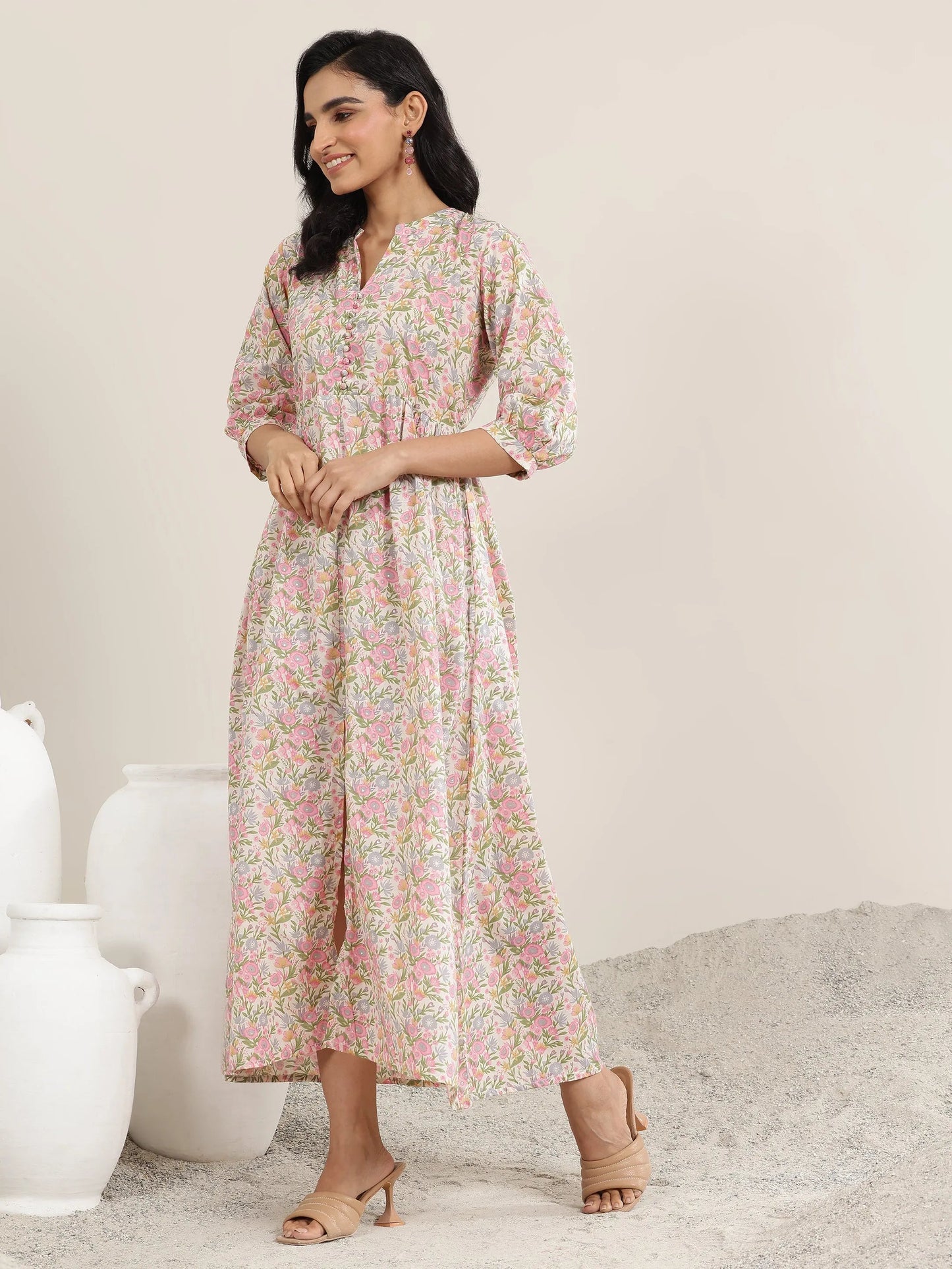 Pink Printed Cotton Blend A-Line Dress