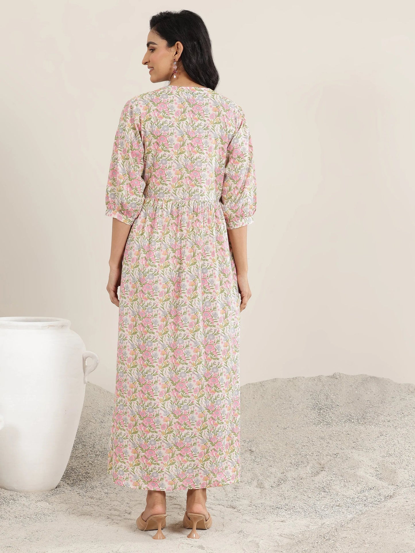 Pink Printed Cotton Blend A-Line Dress