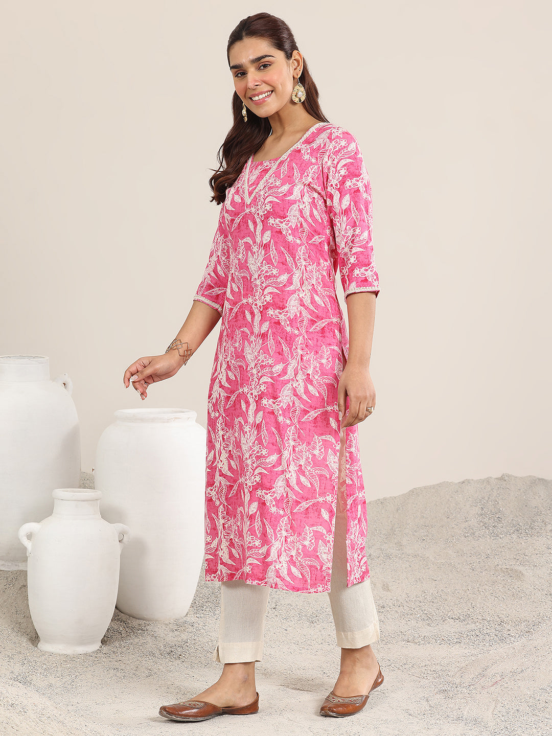 Pink Printed Rayon Straight Kurta