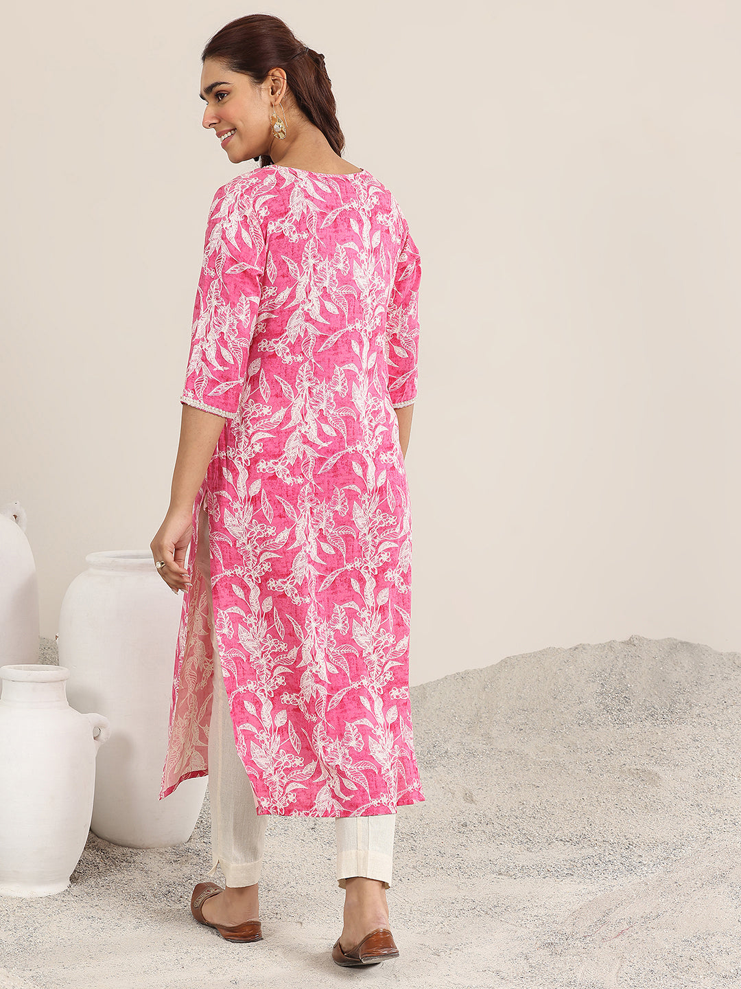 Pink Printed Rayon Straight Kurta