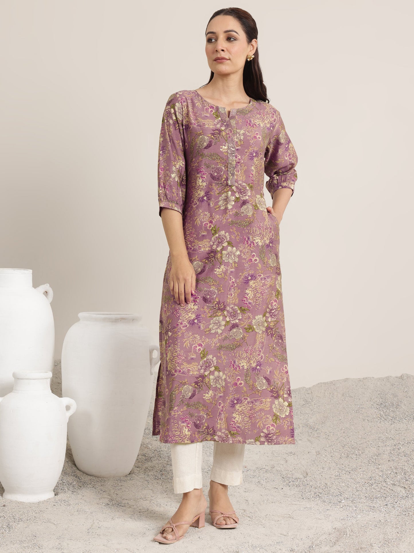 Mauve Printed Silk Blend Straight Kurta