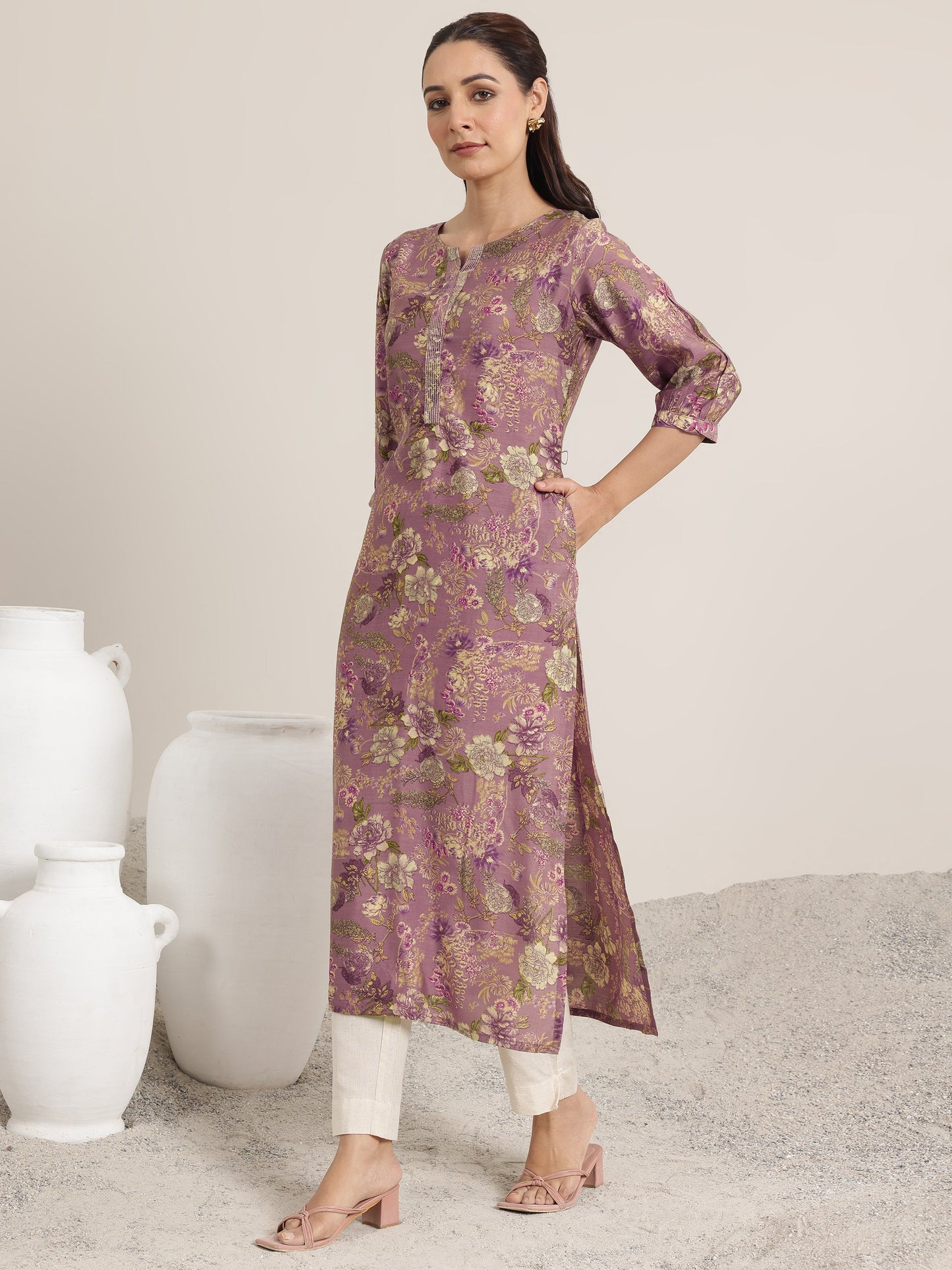 Mauve Printed Silk Blend Straight Kurta