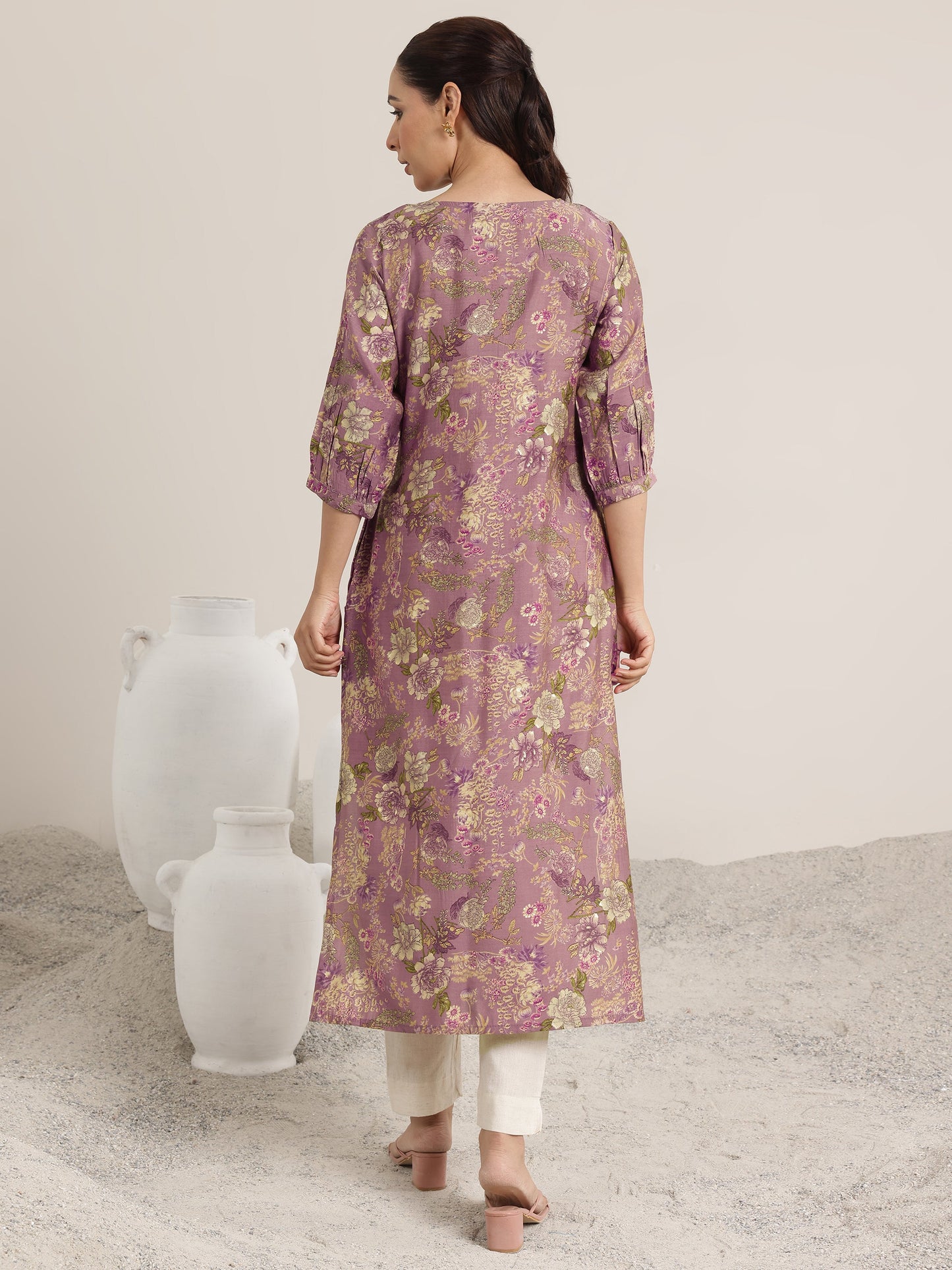 Mauve Printed Silk Blend Straight Kurta