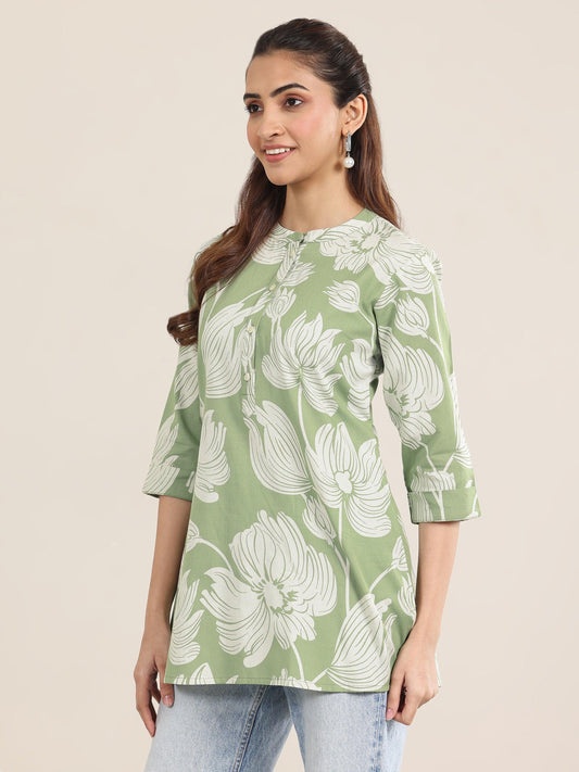 Green Printed Cotton Straight Short Kurti