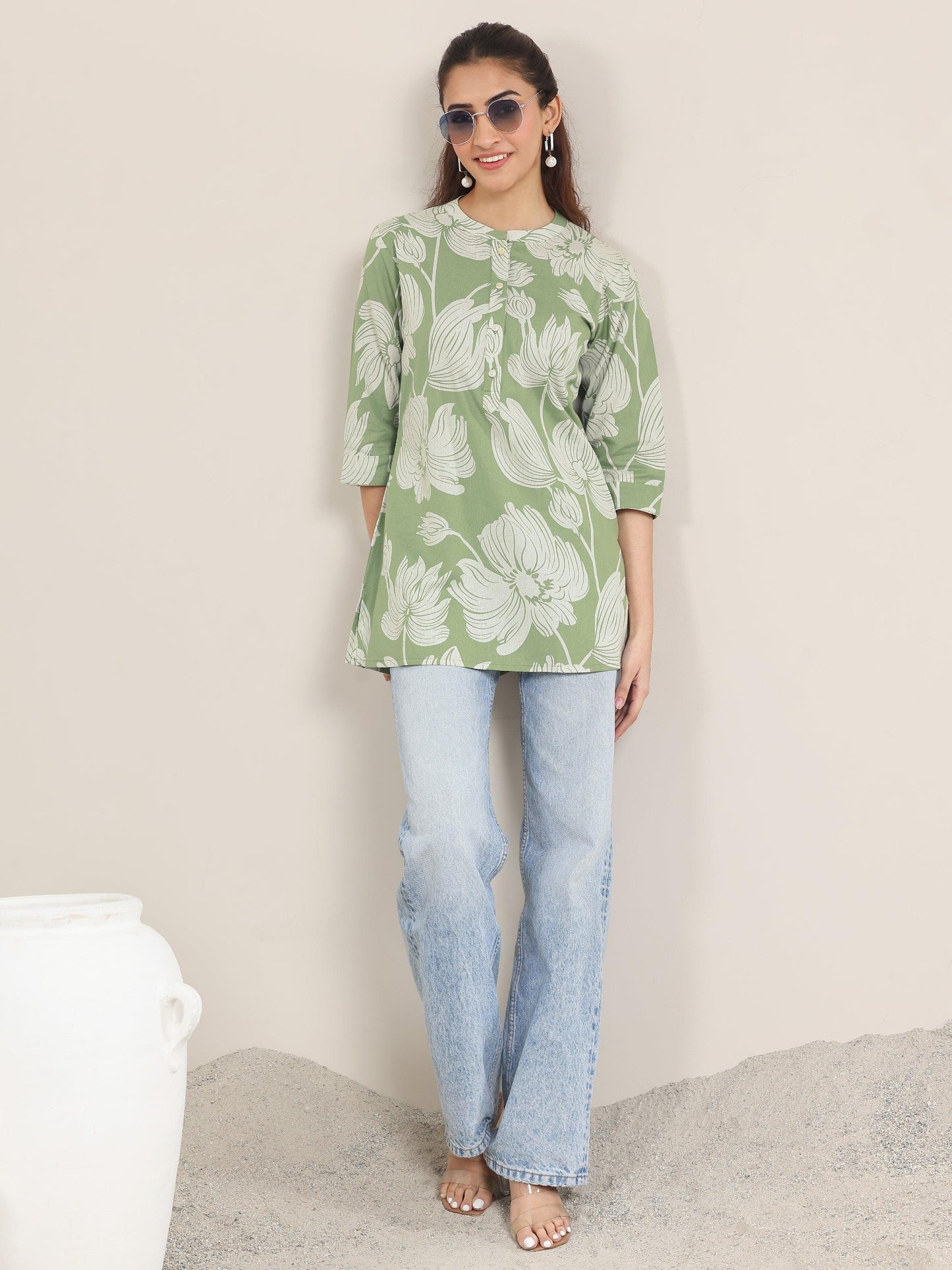 Green Printed Cotton Straight Short Kurti
