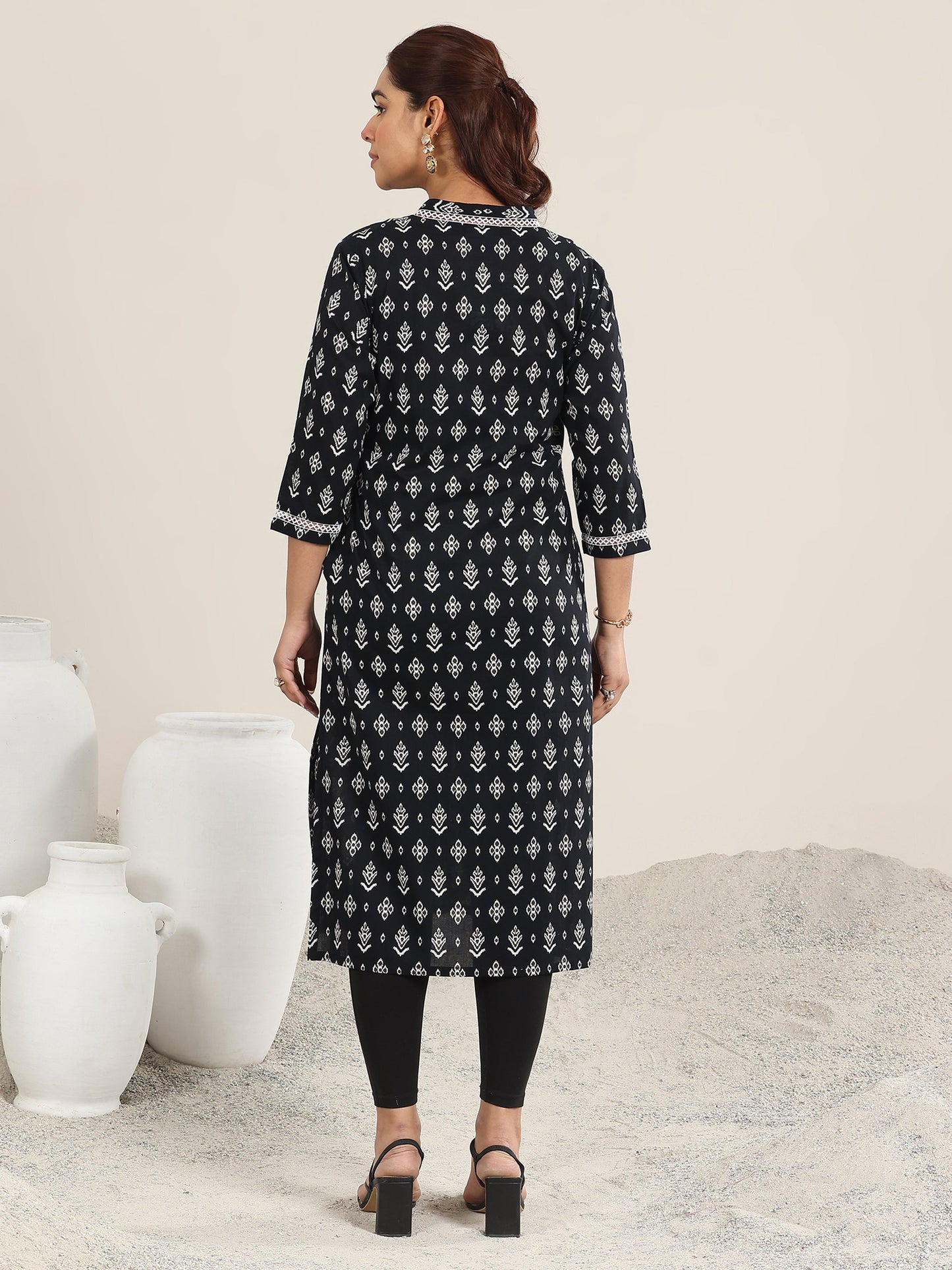 Black Printed Cotton Straight Kurta