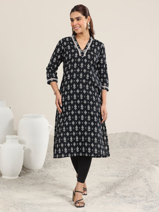Black Printed Cotton Straight Kurta