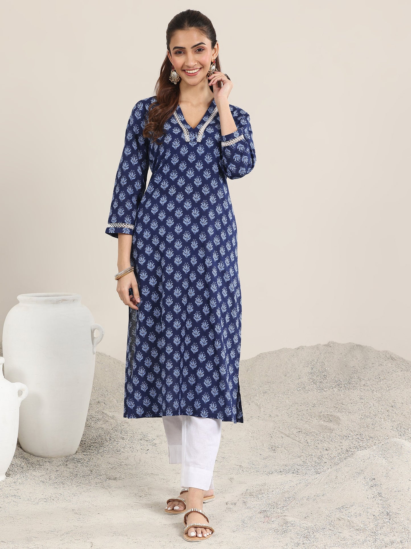 Indigo Printed Cotton Straight Kurta